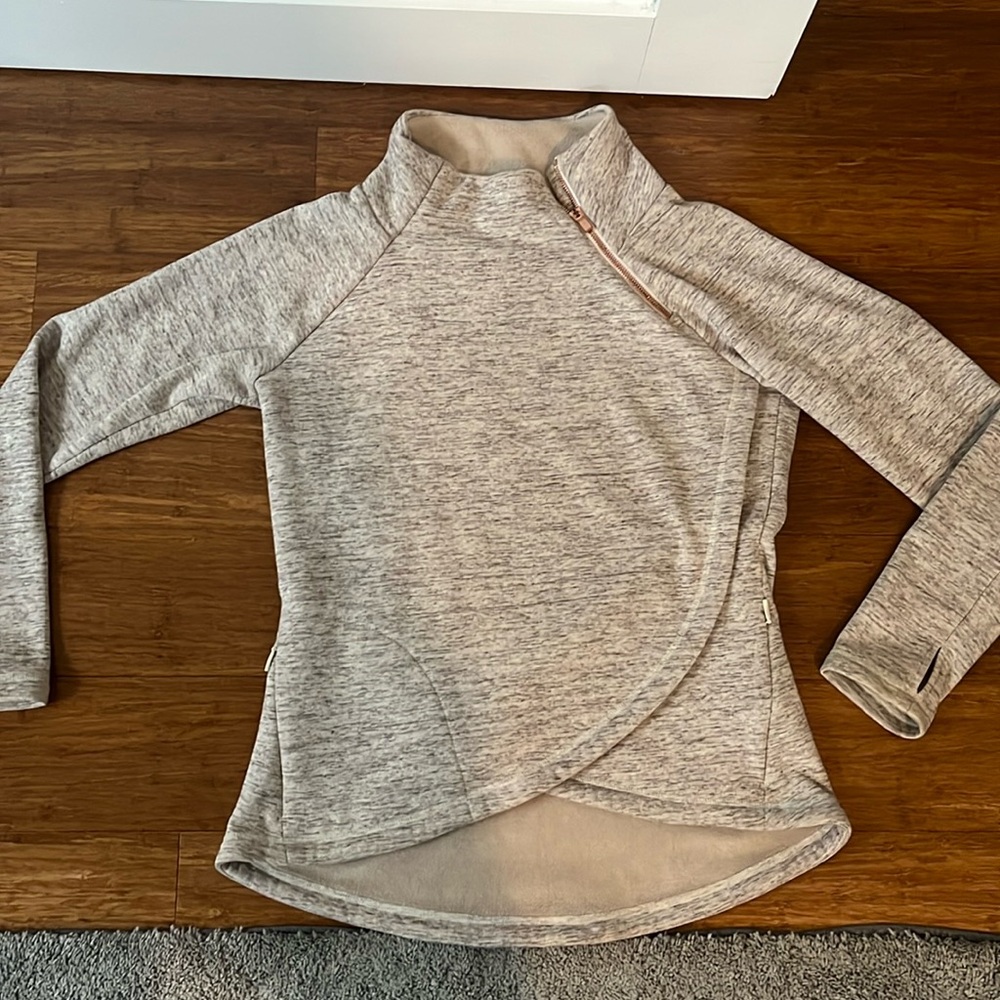 Athleta Cozy Karma Asym Pullover, Oatmeal Heather with Rose Gold Zipper, small